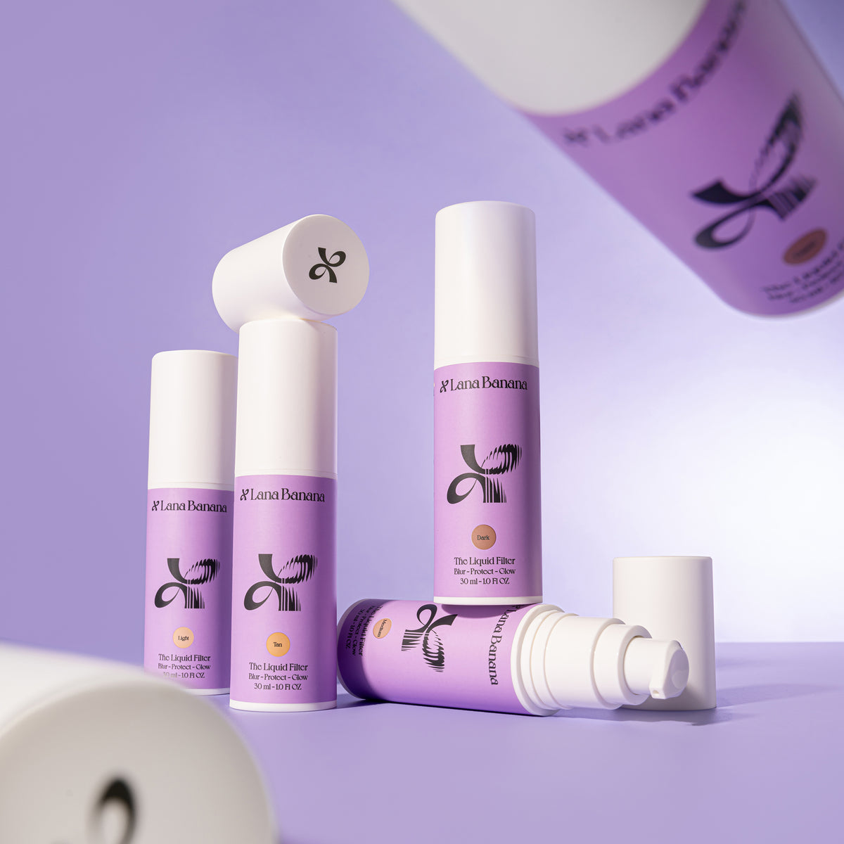 Lana Banana Advanced skincare by Doctor Joseph Hkeik floating in the air with a purple background